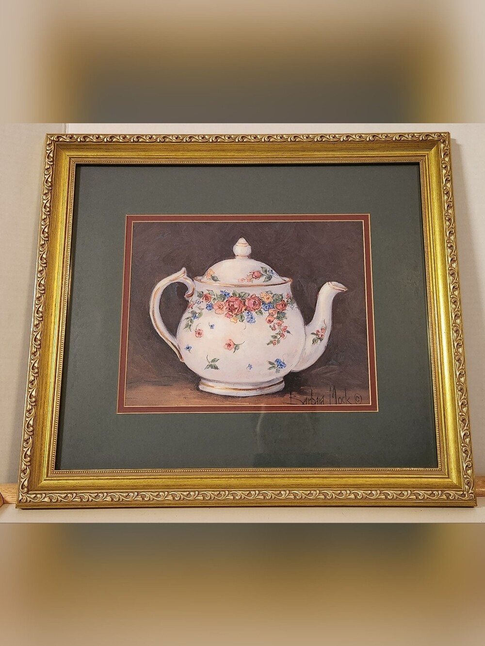 Vintage Barbara Mock "Mixed Blossom Teapot" Framed Print Double Matted 15x17